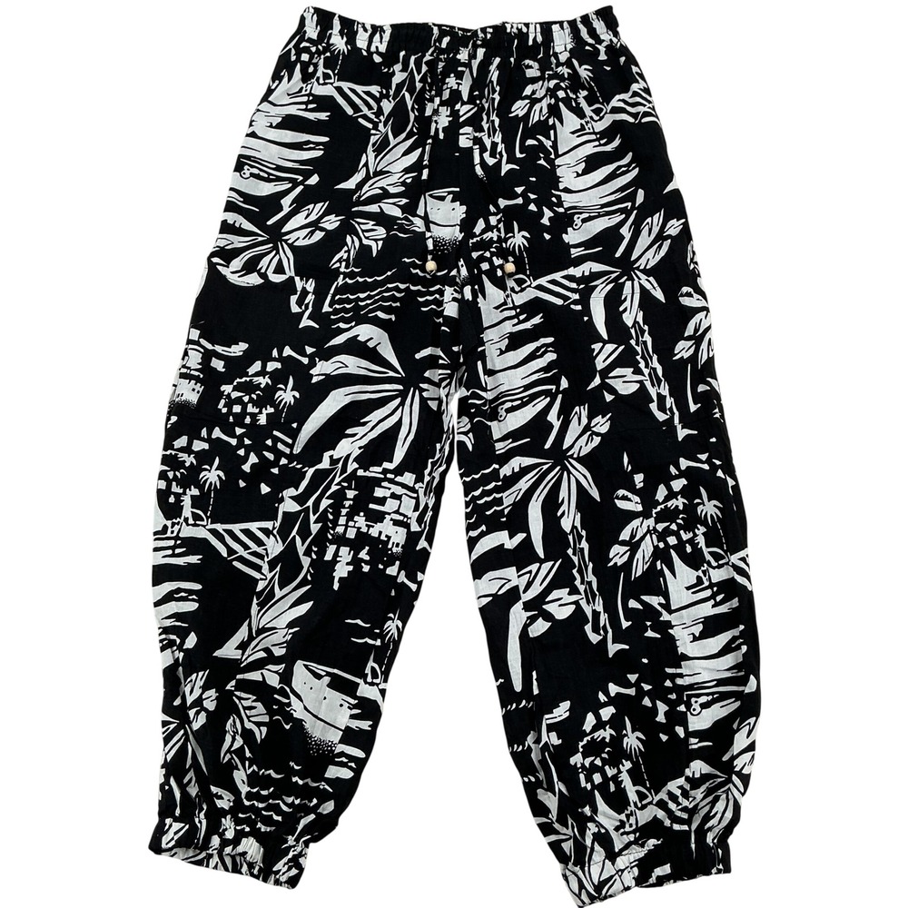 Panama Jack Jogger Pants Womens M Black White Tropical Linen Blend Beach Boho